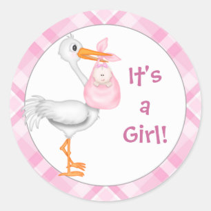 Stork & Baby Girl Baby Announcement Classic Round Sticker