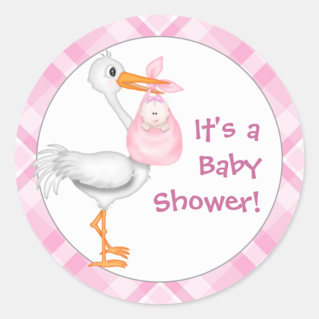 Stork & Baby Girl Baby Shower Classic Round Sticker (Front)