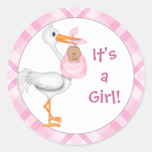Stork & Baby Girl (darker skin) Baby Announcement Classic Round Sticker