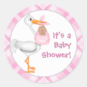Stork & Baby Girl (darker skin) Baby Shower Classic Round Sticker