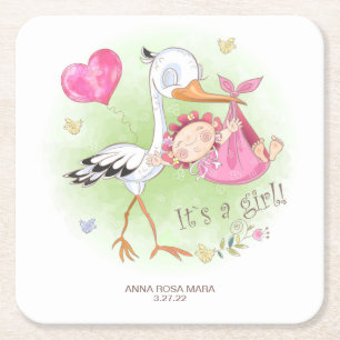 *~* Stork Baby Girl Heart  Flowers Baby Shower Square Paper Coaster