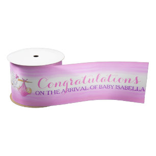 Stork baby girl name new baby pink ribbon satin ribbon