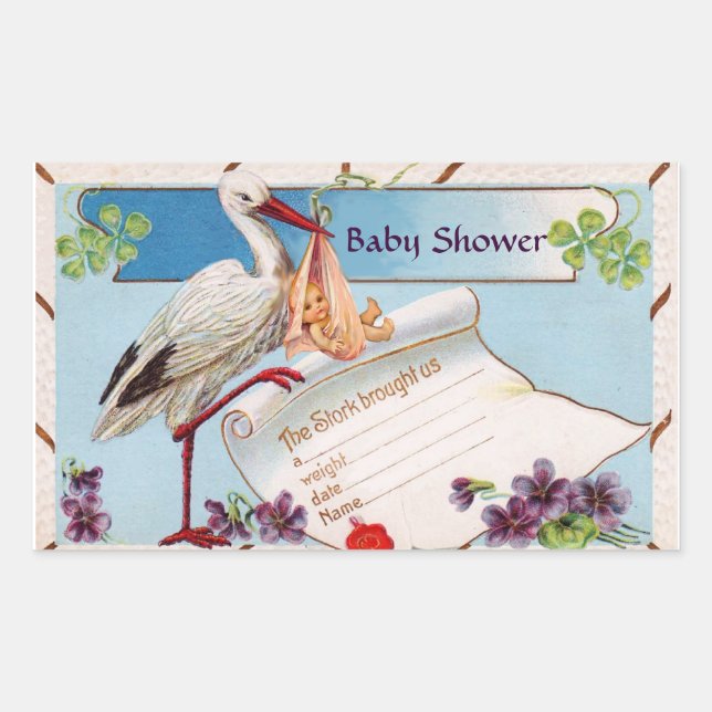 STORK BABY GIRL SHOWER 2 RECTANGULAR STICKER (Front)