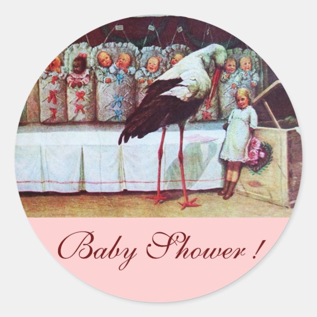STORK BABY GIRL SHOWER 3 pink Classic Round Sticker (Front)