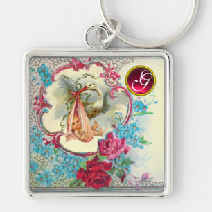 STORK BABY GIRL SHOWER GEM MONOGRAM KEY RING
