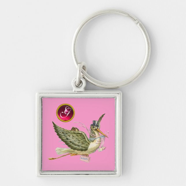 STORK BABY GIRL SHOWER GEM MONOGRAM KEY RING (Front)