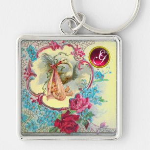 STORK BABY GIRL SHOWER GEM MONOGRAM KEY RING