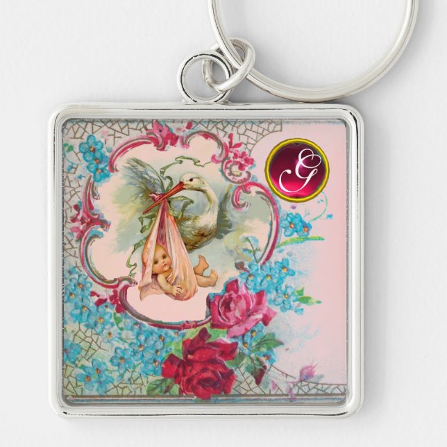 STORK BABY GIRL SHOWER GEM MONOGRAM KEY RING (Front)