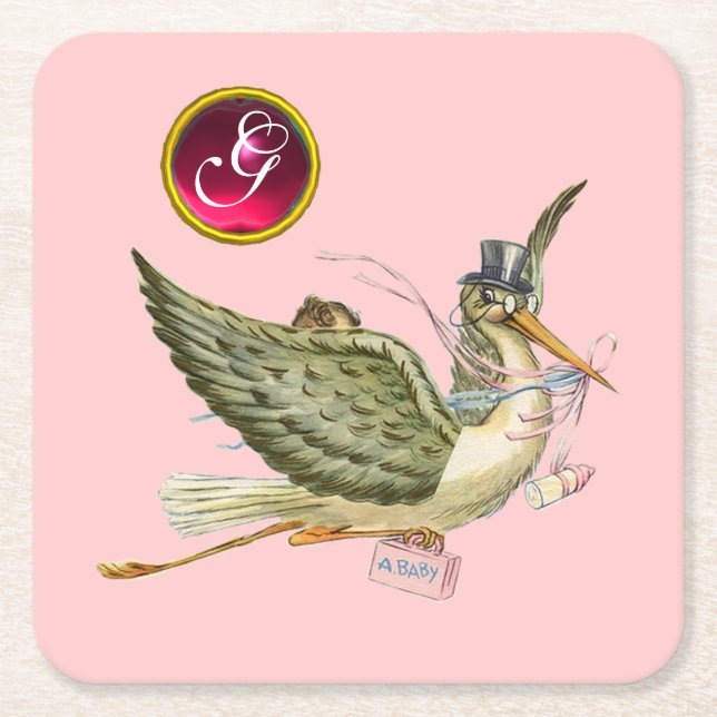 STORK BABY GIRL SHOWER GEM MONOGRAM SQUARE PAPER COASTER (Front)