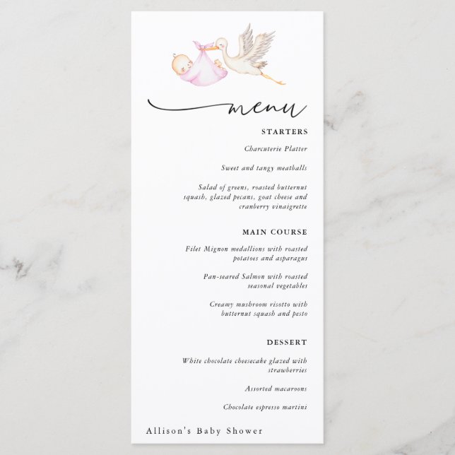 Stork Baby Girl Shower Menu (Front)