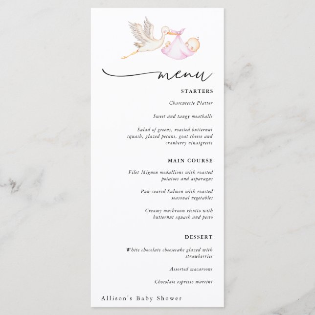 Stork Baby Girl Shower Menu (Front)