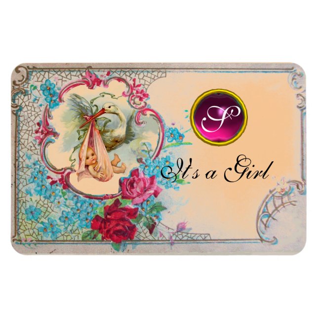 STORK BABY GIRL SHOWER MONOGRAM MAGNET (Horizontal)