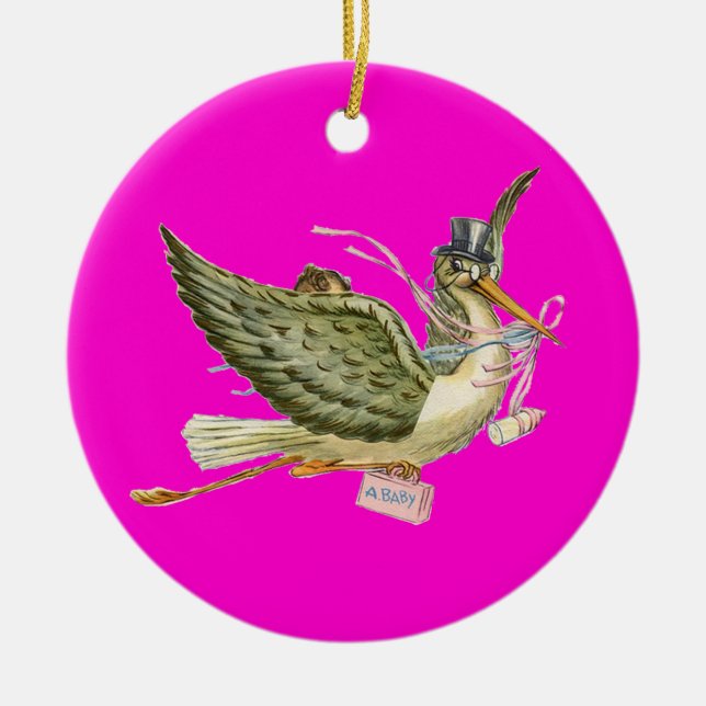 STORK BABY GIRL SHOWER MONOGRAM  Pink Amethyst Ceramic Tree Decoration (Front)