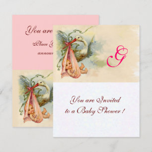 STORK BABY GIRL SHOWER MONOGRAM Pink Invitation