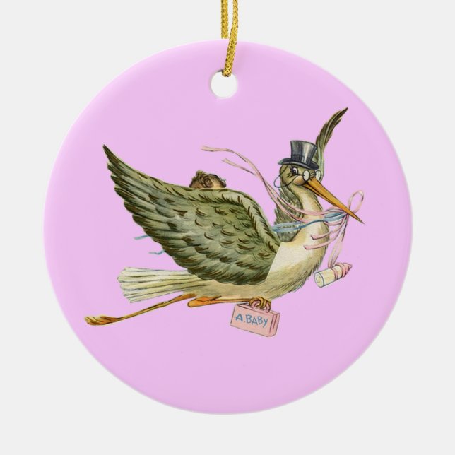 STORK BABY GIRL SHOWER MONOGRAM  Red Ruby Ceramic Tree Decoration (Front)