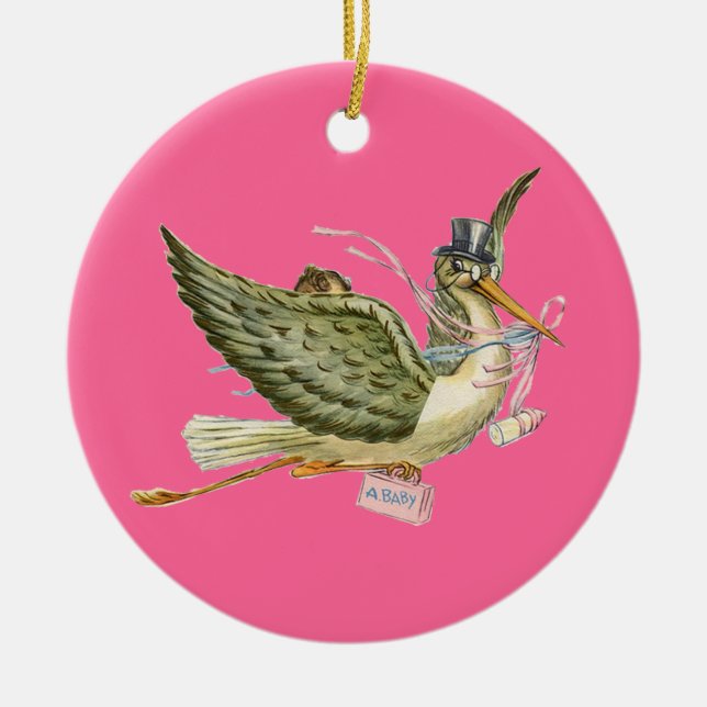 STORK BABY GIRL SHOWER MONOGRAM  Red Ruby Ceramic Tree Decoration (Front)