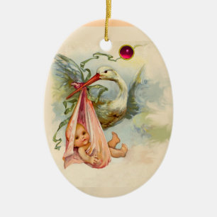 STORK BABY GIRL SHOWER MONOGRAM RED RUBY CERAMIC TREE DECORATION