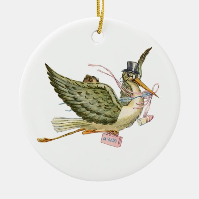 STORK BABY GIRL SHOWER MONOGRAM  Red Ruby Ceramic Tree Decoration (Front)