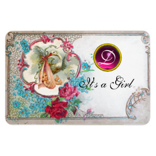 STORK BABY GIRL SHOWER MONOGRAM,white Magnet