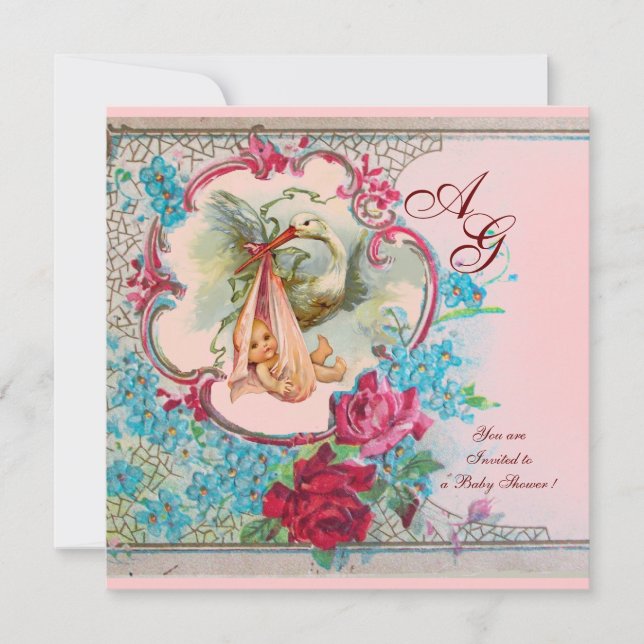 STORK BABY GIRL SHOWER PINK BLUE FLORAL MONOGRAM INVITATION (Front)