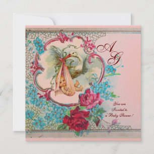 STORK BABY GIRL SHOWER PINK BLUE FLORAL MONOGRAM INVITATION