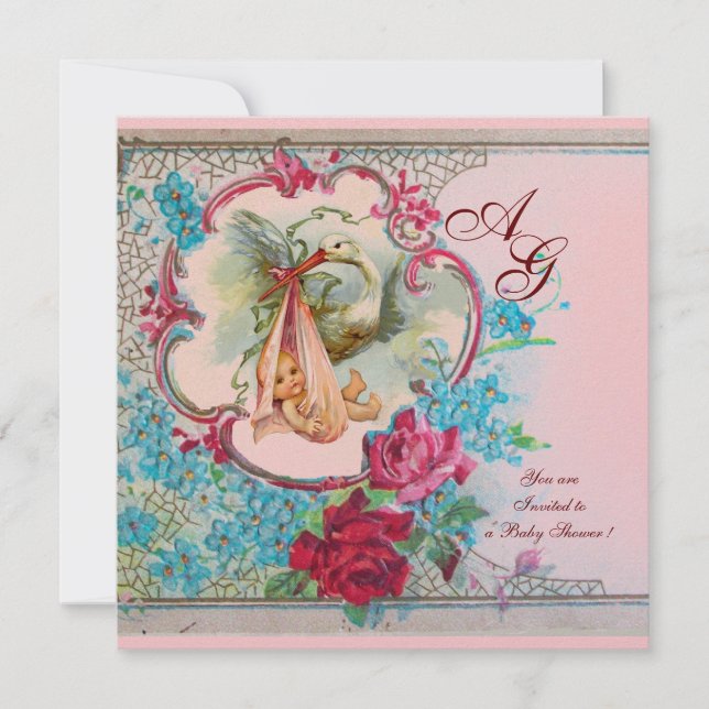 STORK BABY GIRL SHOWER PINK BLUE FLORAL MONOGRAM INVITATION (Front)
