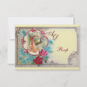 STORK BABY GIRL SHOWER PINK BLUE FLORAL MONOGRAM INVITATION