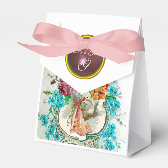 STORK BABY GIRL SHOWER PINK GEM MONOGRAM White Favour Box (Front Side)