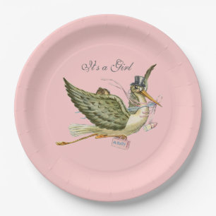 STORK BABY GIRL SHOWER Pink Paper Plate