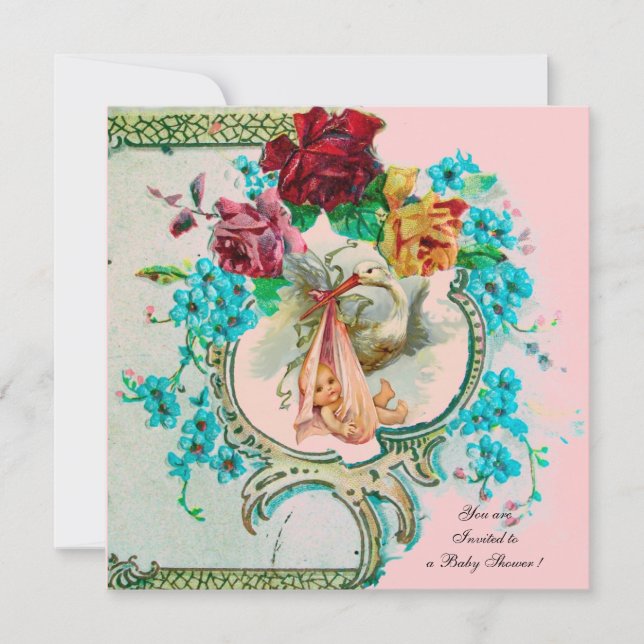 STORK BABY GIRL SHOWER /PINK ROSES AND BLUE  FLOWE INVITATION (Front)