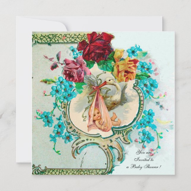 STORK BABY GIRL SHOWER,PINK ROSES AND BLUE FLOWERS INVITATION (Front)