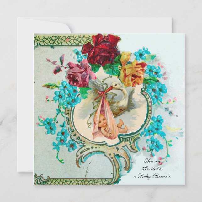 STORK BABY GIRL SHOWER,PINK ROSES AND BLUE FLOWERS INVITATION (Front)