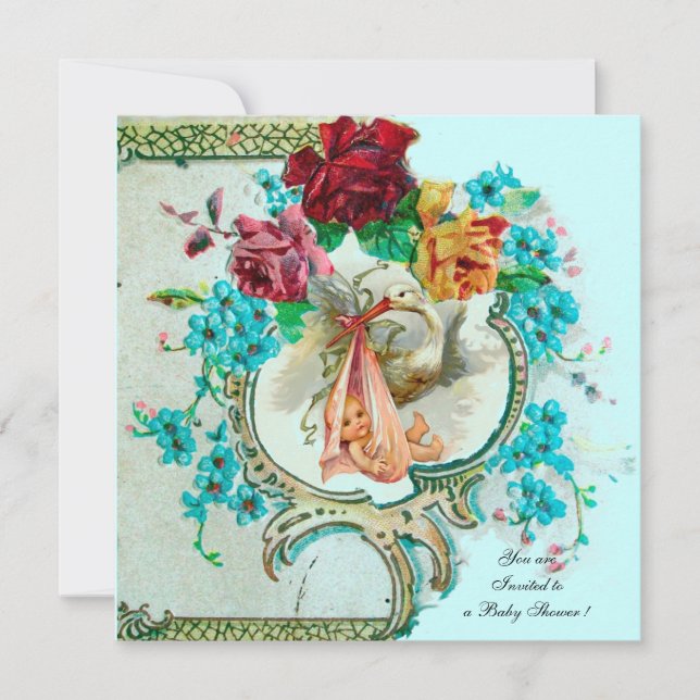 STORK BABY GIRL SHOWER,PINK ROSES AND BLUE FLOWERS INVITATION (Front)