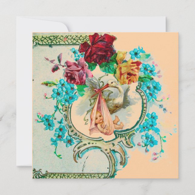 STORK BABY GIRL SHOWER,PINK ROSES AND BLUE FLOWERS INVITATION (Front)