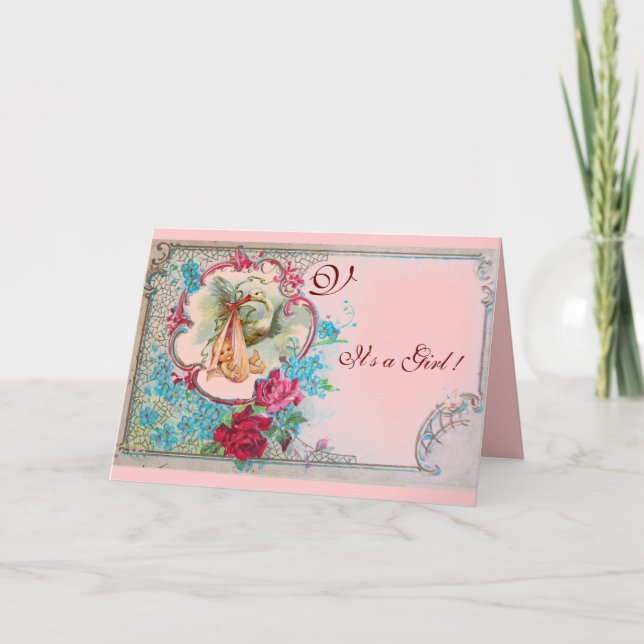 STORK BABY GIRL SHOWER PINK ROSES,FLOWERS MONOGRAM ANNOUNCEMENT (Front)