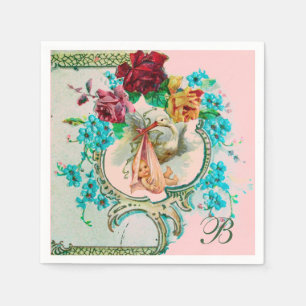 STORK BABY GIRL SHOWER,PINK ROSES,FLOWERS MONOGRAM NAPKIN