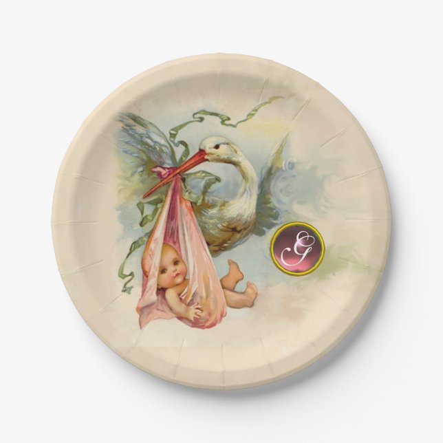 STORK BABY GIRL SHOWER PINKGEM STONE MONOGRAM PAPER PLATE (Front)