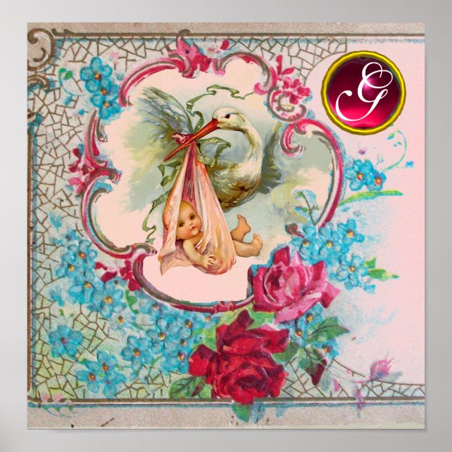 STORK BABY GIRL SHOWER Ruby Gem Stone Monogram Poster (Front)