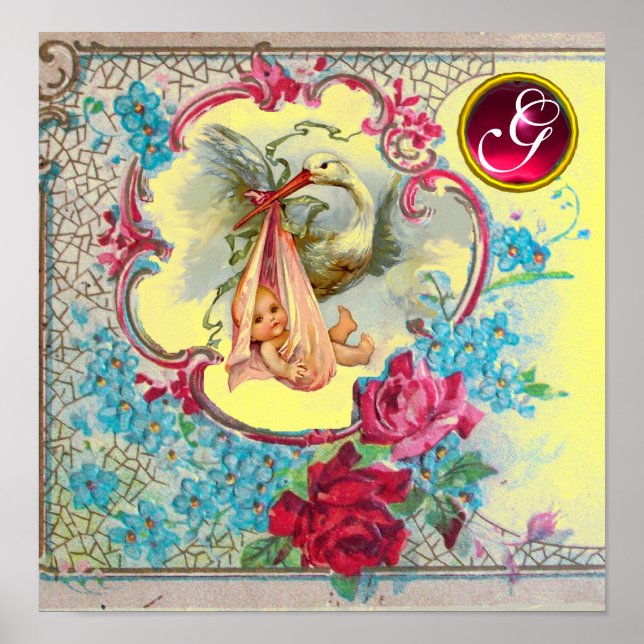 STORK BABY GIRL SHOWER Ruby Gem Stone Monogram Poster (Front)