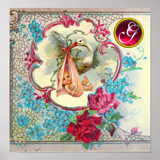 STORK BABY GIRL SHOWER Ruby Gem Stone Monogram Poster (Front)