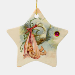 STORK BABY GIRL SHOWER STAR MONOGRAM RED RUBY CERAMIC TREE DECORATION