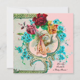 STORK BABY GIRL SHOWER WITH PINK ROSES AND FLOWERS ANNOUNCEMENT