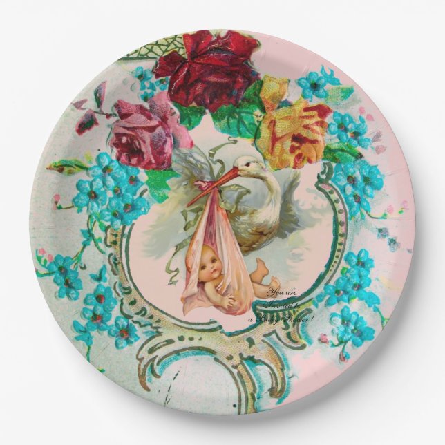 STORK BABY GIRL SHOWER WITH PINK ROSES AND FLOWERS PAPER PLATE (Front)