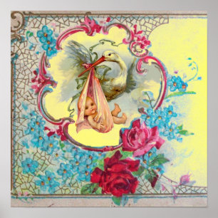 STORK BABY GIRL SHOWER Yellow Poster