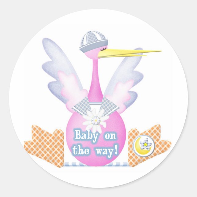 Stork Baby on the Way Classic Round Sticker (Front)