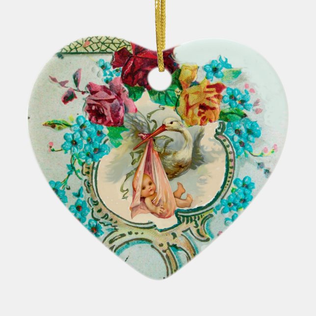 STORK BABY SHOWER 2 MONOGRAM  Red Ruby Ceramic Tree Decoration (Front)