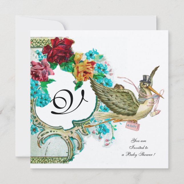 STORK BABY SHOWER 3 MONOGRAM,gold metallic Invitation (Front)