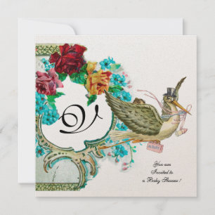 STORK BABY SHOWER 3 MONOGRAM,gold metallic Invitation