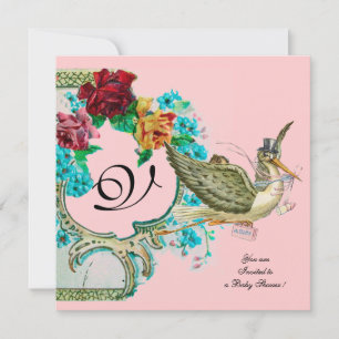 STORK BABY SHOWER 3 MONOGRAM,gold metallic Invitation