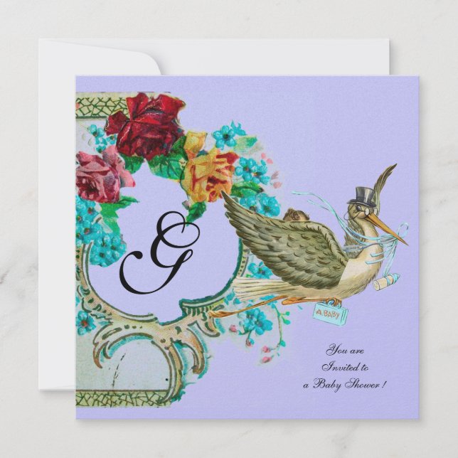 STORK BABY SHOWER 3 MONOGRAM white champagne Invitation (Front)